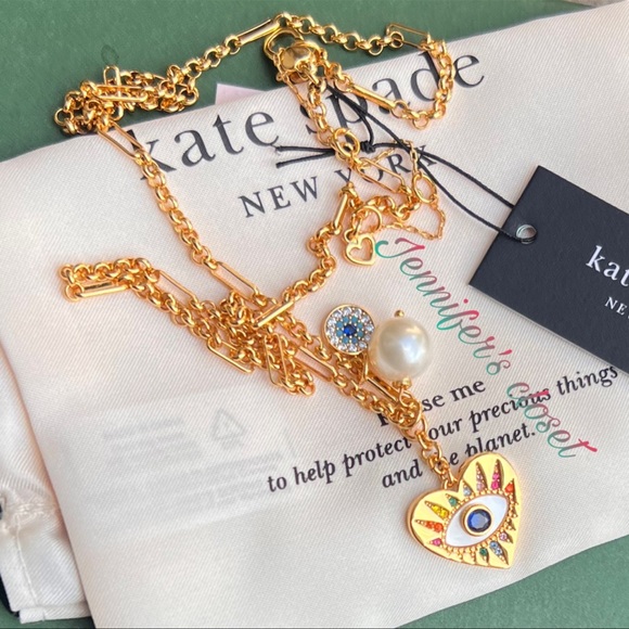 KATE SPADE ♠️ Mixed Stone Evil Eye Heart Multi-Charm Pendant Necklace - Picture 5 of 9